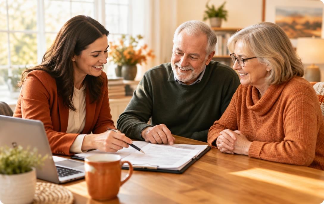 Friendly advisor reviewing paperwork with a smiling senior couple