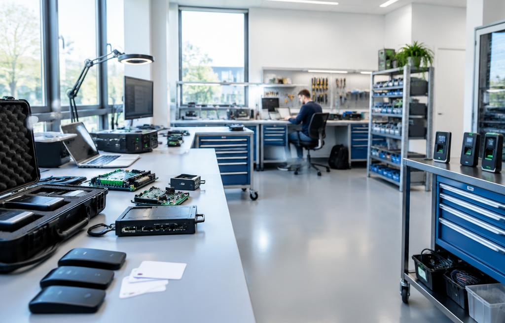 Bright technical services workshop with electronic equipment